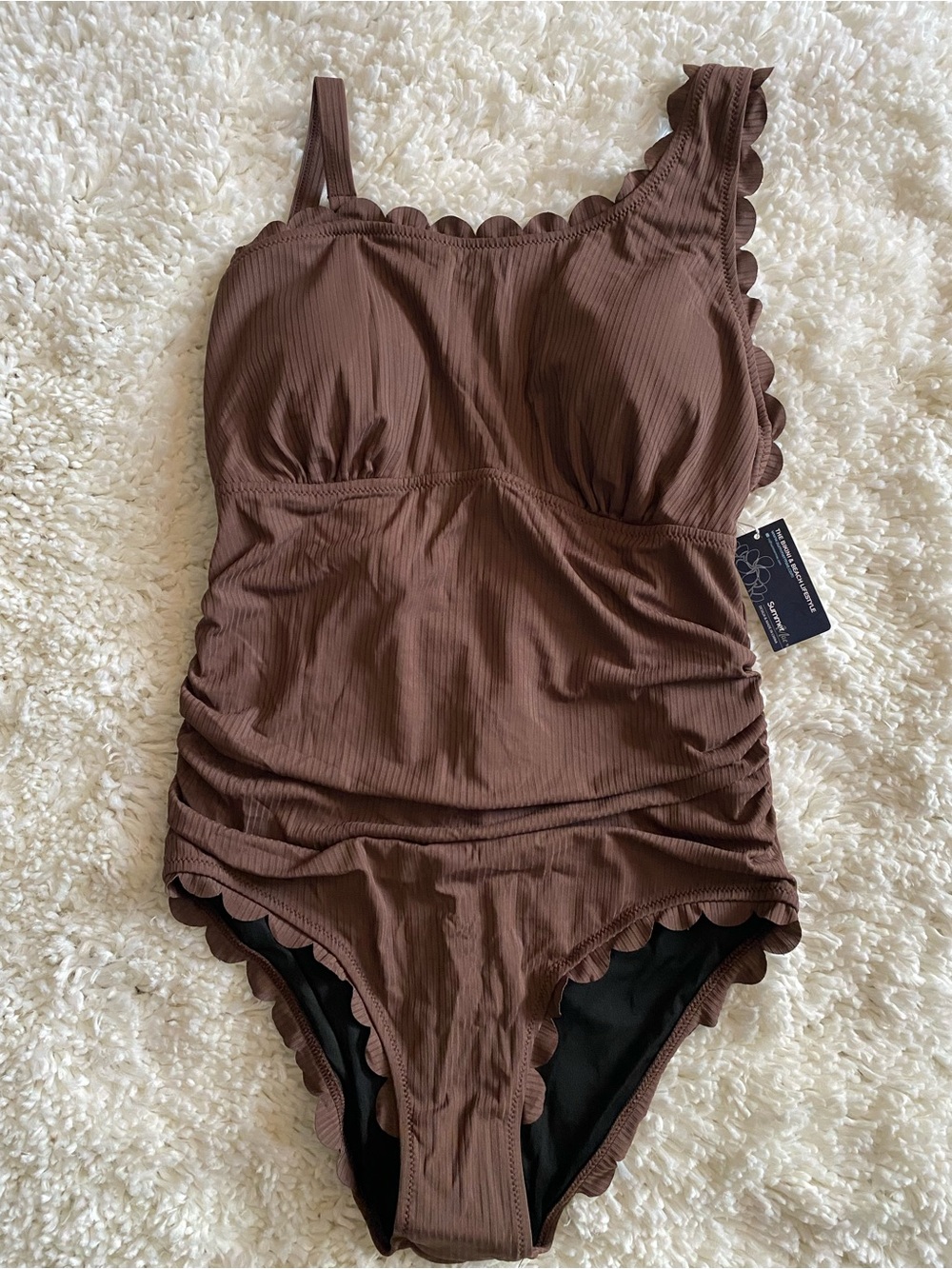 Brown One-Shoulder Scalloped One-Piece Swimsuit